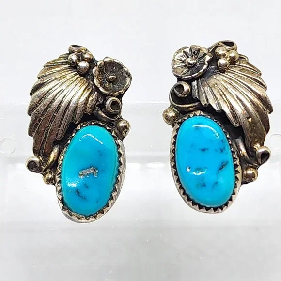 Vintage Sterling Silver Turquoise James Mason Handmade Navajo Pierced Earrings - Picture 4 of 9